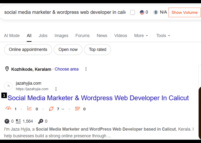 Jazahyjia from HACA marketing school batch 41 ranking for social media marketer & wordpress web developer in calicut on the first page of Google