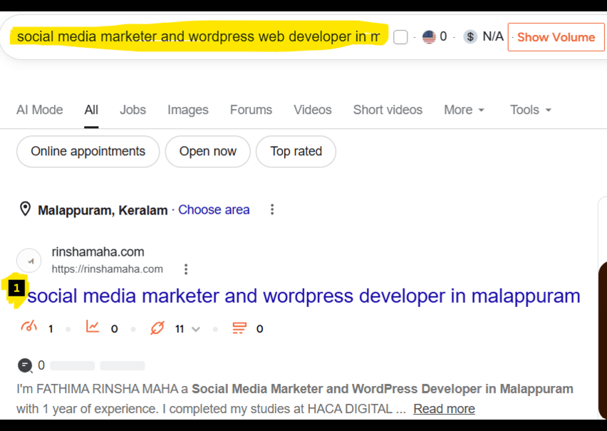 Rinsha from HACA marketing school batch 41 ranking for social media marketer and wordpress web developer in malappuram on the first page of Google
