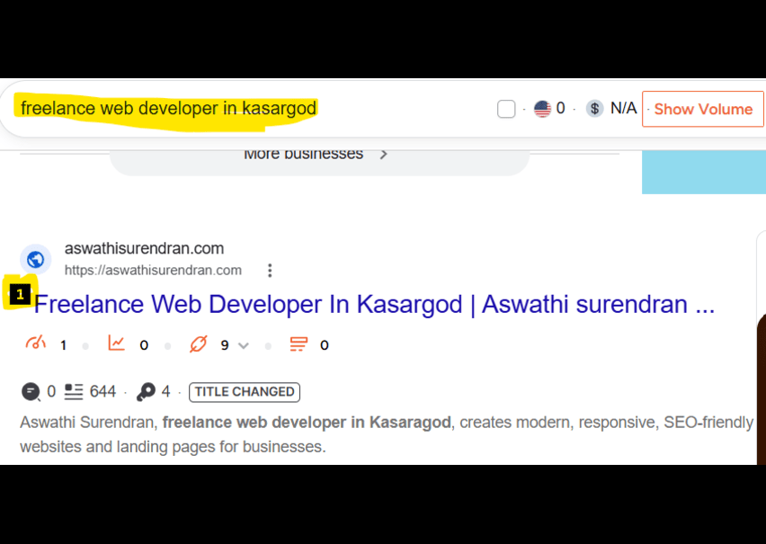 Ashwathi surendran from HACA marketing school batch 41 ranking for freelance web developer in kasargod on the first page of Google